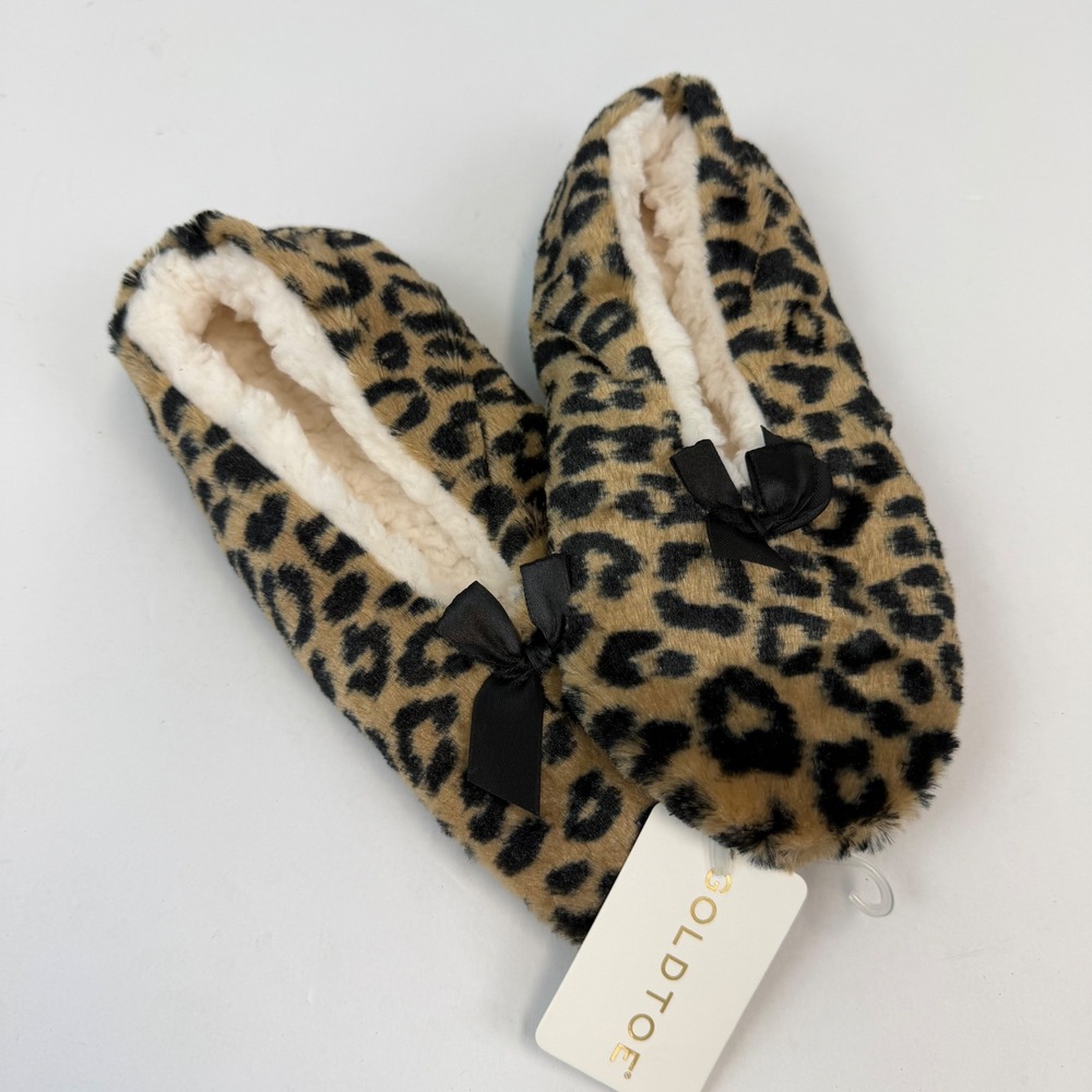 Goldtoe Women Leopard Faux Fur Ballerina Slippers Black Bow XL 10-11